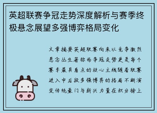 英超联赛争冠走势深度解析与赛季终极悬念展望多强博弈格局变化